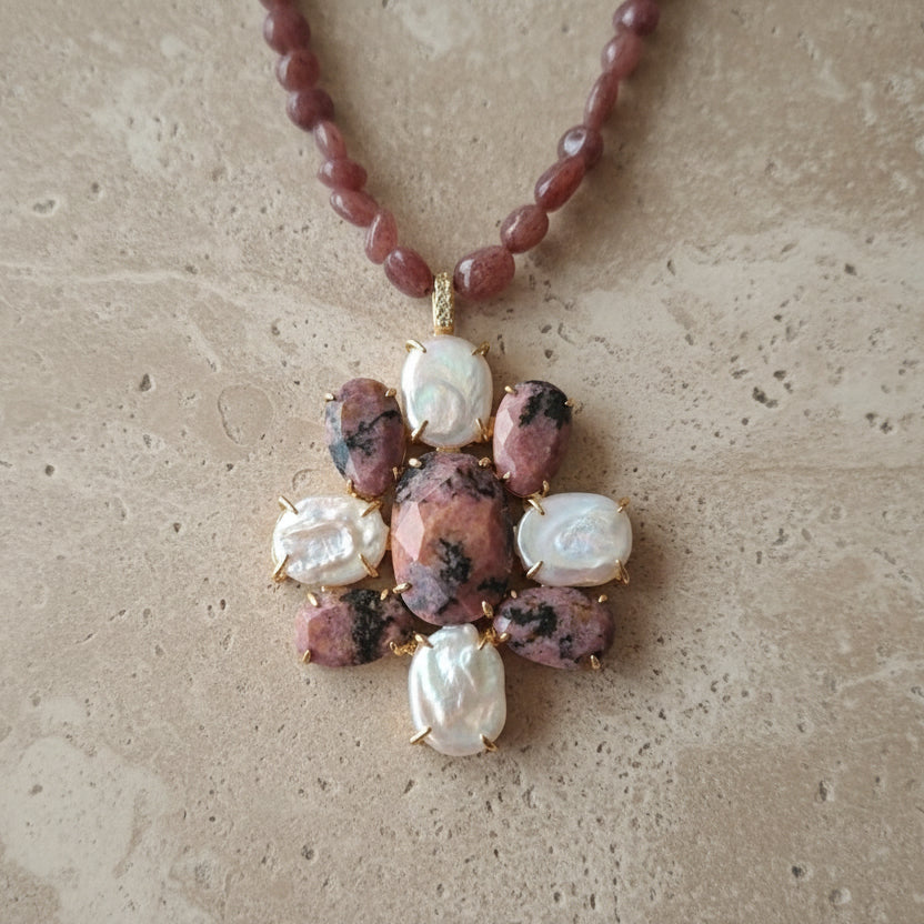 Sautoir Flower – Rhodonite Rose Naturelle, Collier Long