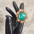 Bague pierre naturelle oeil de chat agate verte et perles d'eau douce teintées rose strass