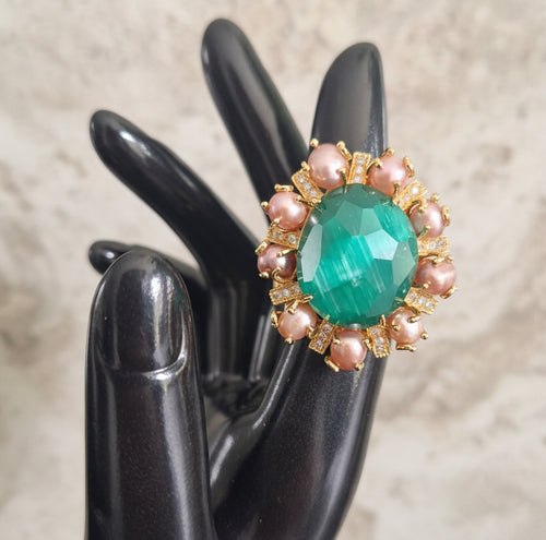 Bague pierre naturelle oeil de chat agate verte et perles d'eau douce teintées rose strass