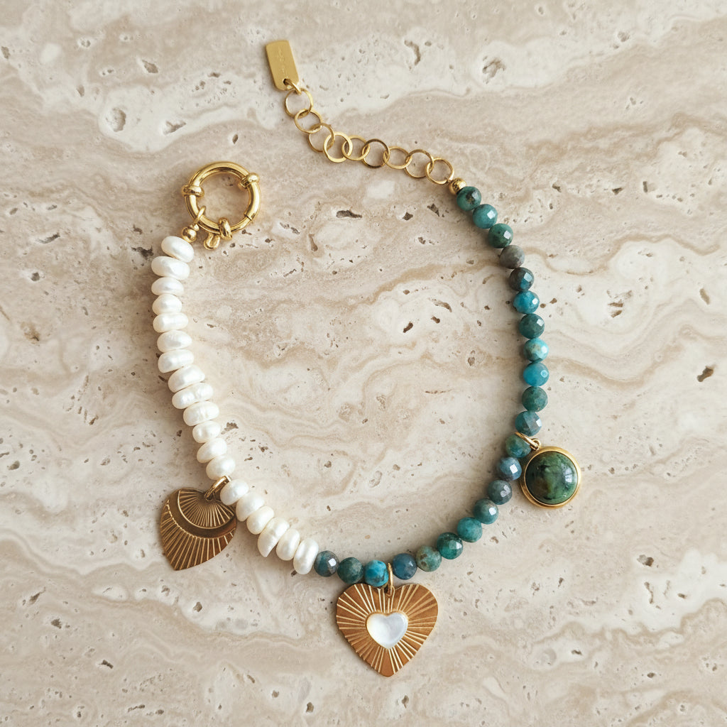 Bracelet HEART – Perles d'Eau Douce, Apatite & Turquoise Africaine