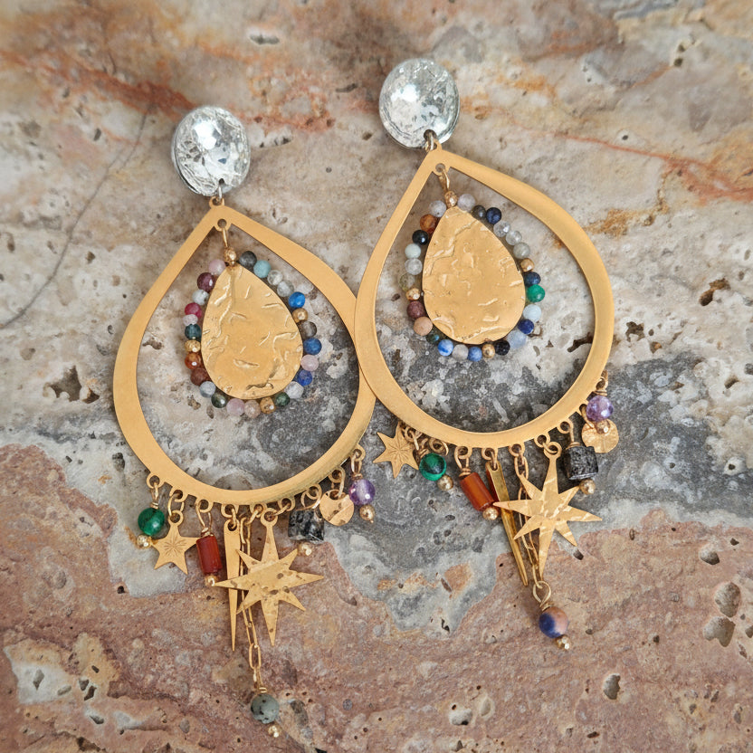 Boucles d'oreilles pendantes acier inoxydable petites pierres naturelles multicolores 
