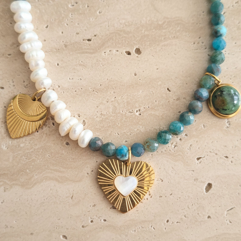 Bracelet HEART – Perles d'Eau Douce, Apatite & Turquoise Africaine