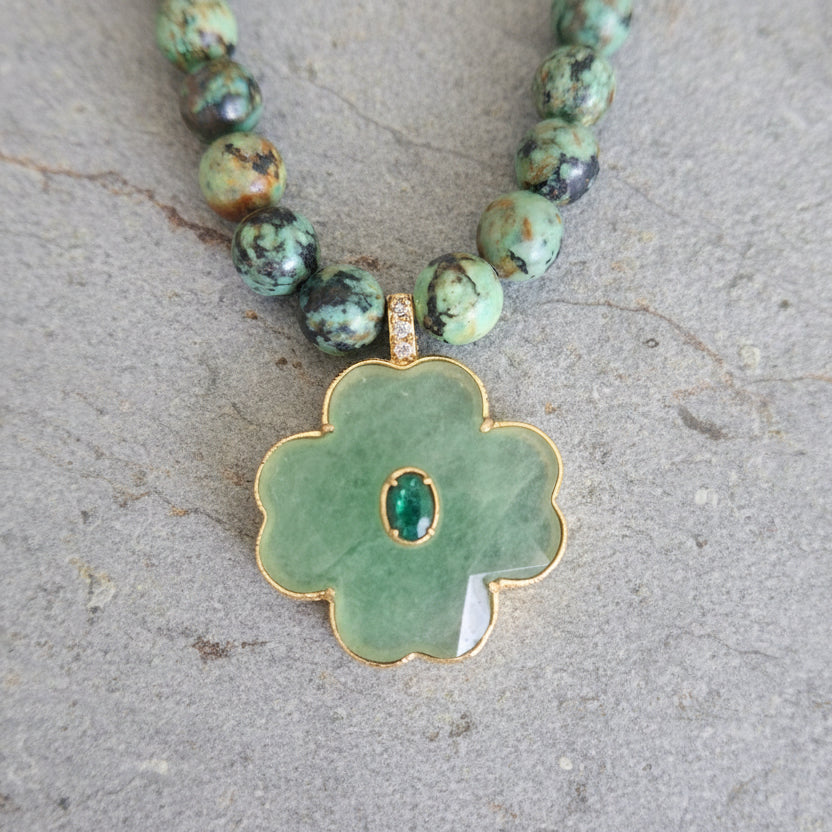 Collier Lucky turquoise africaine pendentif aventurine trèfle - Marguerite Violette"